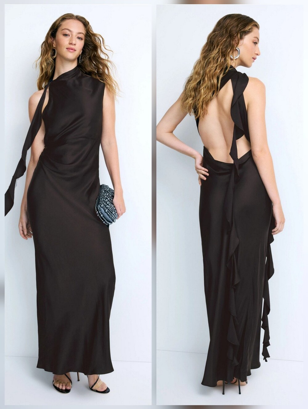 Shona Joy Agnes Draped Ruffle Maxi Dress Gowns Asymmetric Sleeveless Size 8